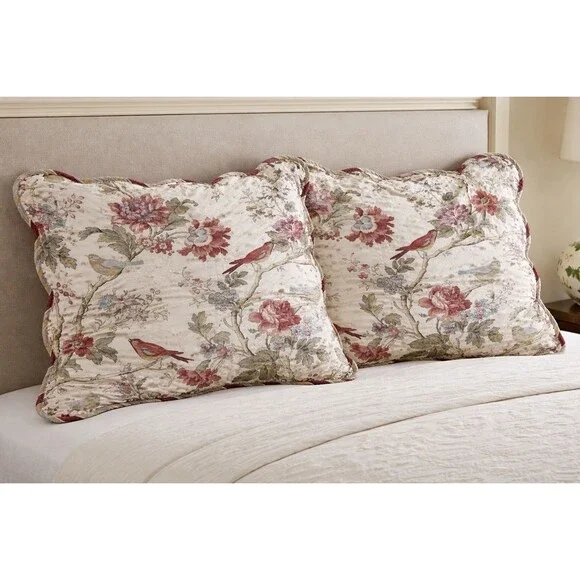 Set of 2 Waverly Charleston Chirp Bird Floral King Pillow Shams Scalloped Edge - Picture 1 of 12
